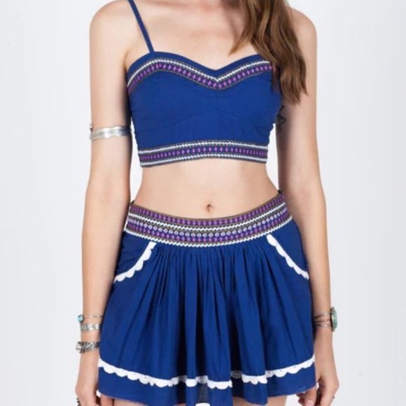 Anthropologie Raga Boho Embroidered Set Blue Sky Bralette Top & Side Zip Skort S - Picture 1 of 14